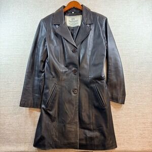 Peruzzi Black Italian Leather Trench Coat Mid Length Jacket Hand Made in Italy L